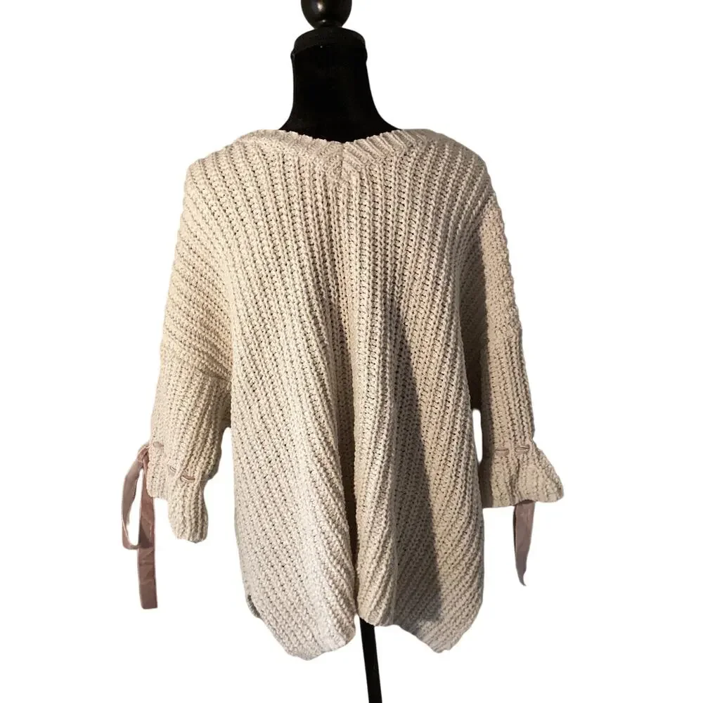 POL Chunky Knit Sweater Large Boho Oversized Cream V Neck - Picture 2 of 4